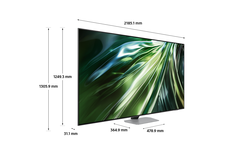 Dimension of Samsung Neo QLED TV (2185.1 x 1305.9 x 364.9 mm) QN90D with silver sharp neck hexagon stand