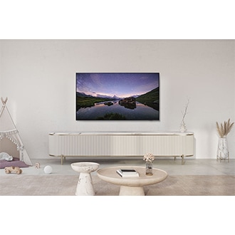 QN90D on a console in a stylish white living room.