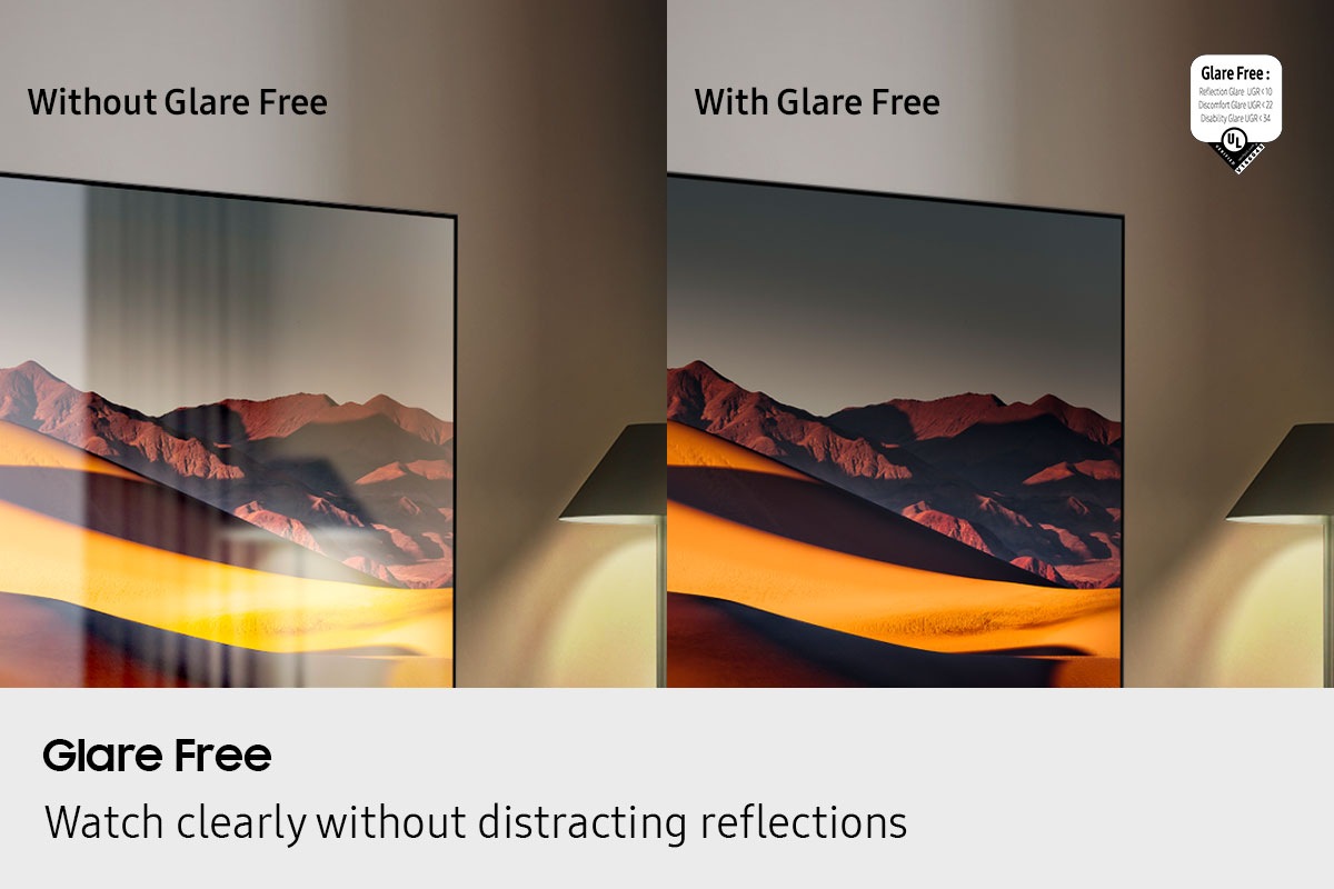 A TV screen Without Glare Free technology has distracting reflections. Next to it, a TV screen With Glare Free technology clearly shows a scene of mountains. UL Verified Logo. Glare Free: Reflection Glare UGR < 10, Discomfort Glare < UGR 22, Disability Glare < 34. verifyUL.com®. V166045.