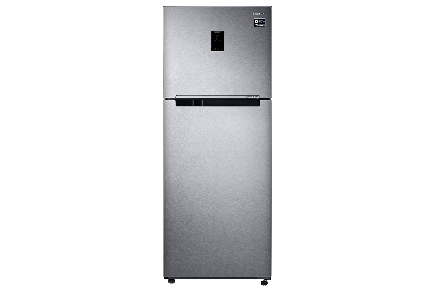 Front view of Samsung Top Mount No Frost Easy Clean Steel Refrigerator 12.9 Cu. Ft. with Twin Cooling Plus (Silver). Comes with stylish 2-door design.