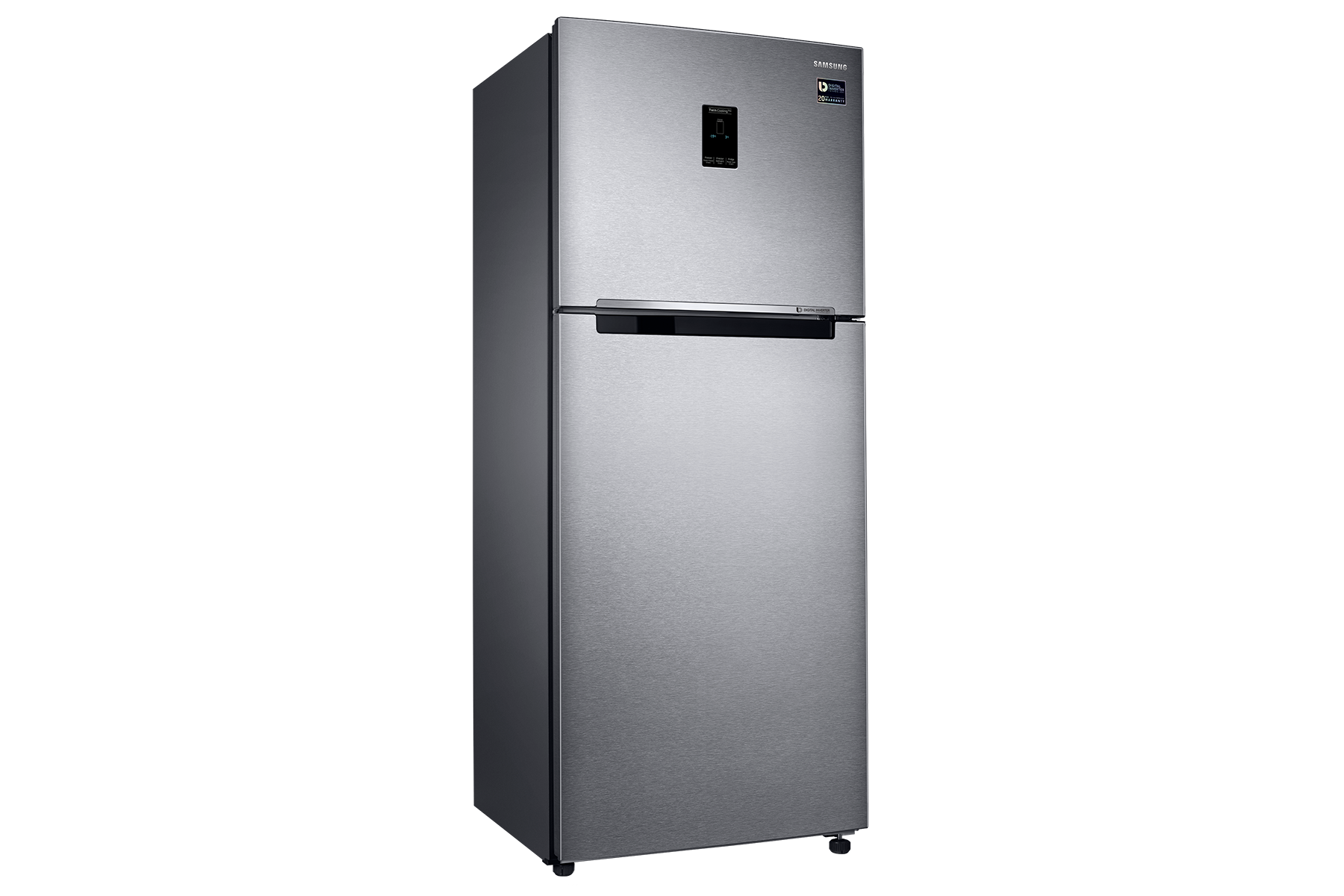 Left view of Samsung Top Mount No Frost Easy Clean Steel Refrigerator 12.9 Cu. Ft. with Twin Cooling Plus (Silver). Comes with stylish 2-door design.
