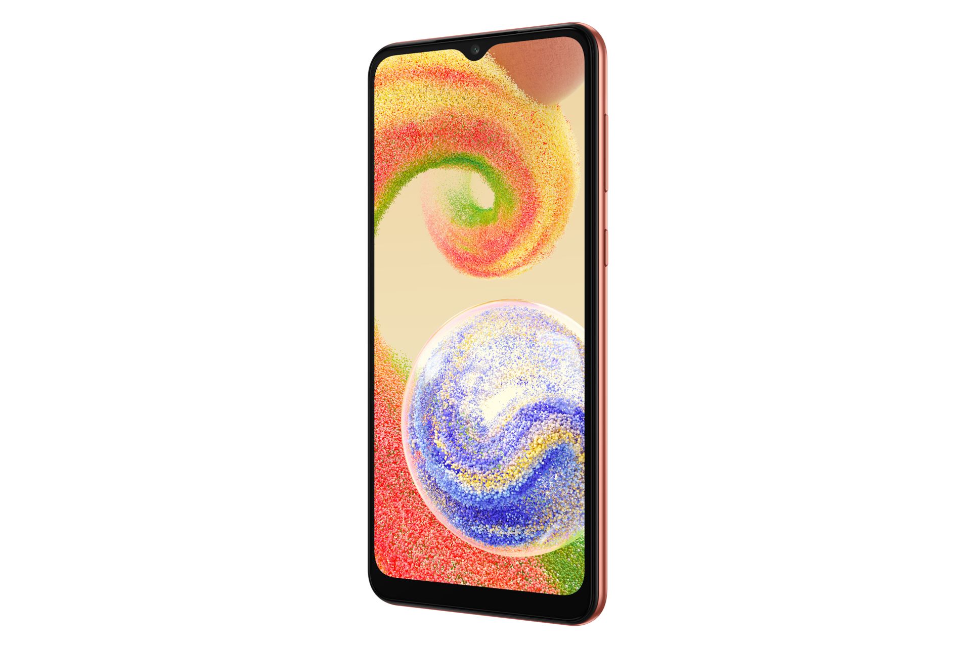 Front-right of the Samsung Galaxy A04 in Copper