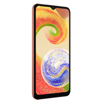 Front-left of the Galaxy A04 in Copper