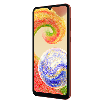 Front-right of the Samsung Galaxy A04 in Copper
