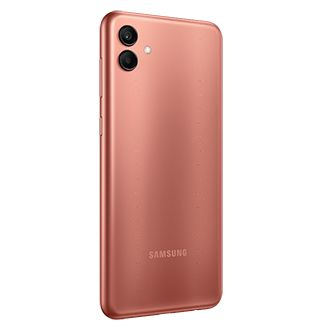 Back-left of the Galaxy A04 in Copper