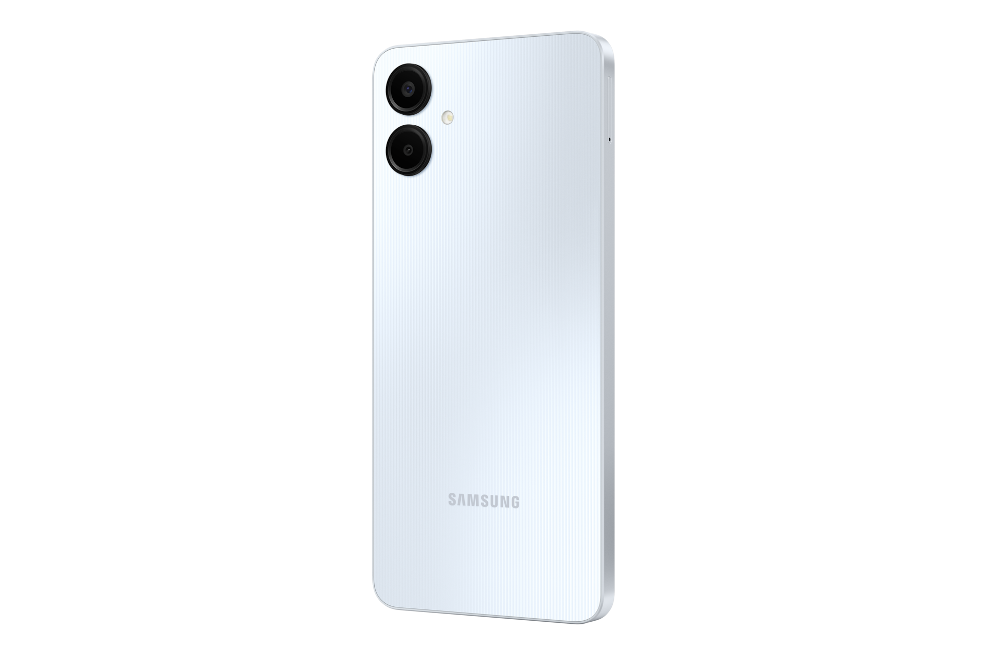 Back side view of the Galaxy A06 128GB smartphone in Light Blue color, highlighting its slim profile, rear camera setup, and curved edges.