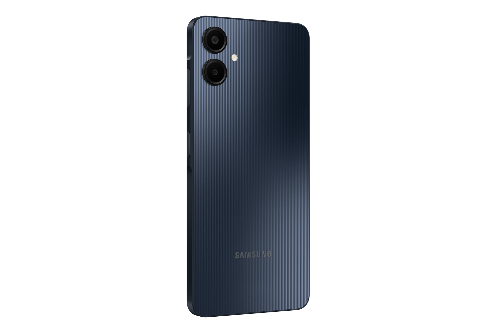 Back left side view of the Galaxy A06 64GB (Blue Black), showcasing its slim profile, rear camera placement, and curved edges.