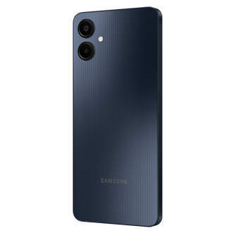 Back side view of the Galaxy A06 64GB smartphone in Blue Black color, highlighting its slim profile, rear camera setup, and curved edges.