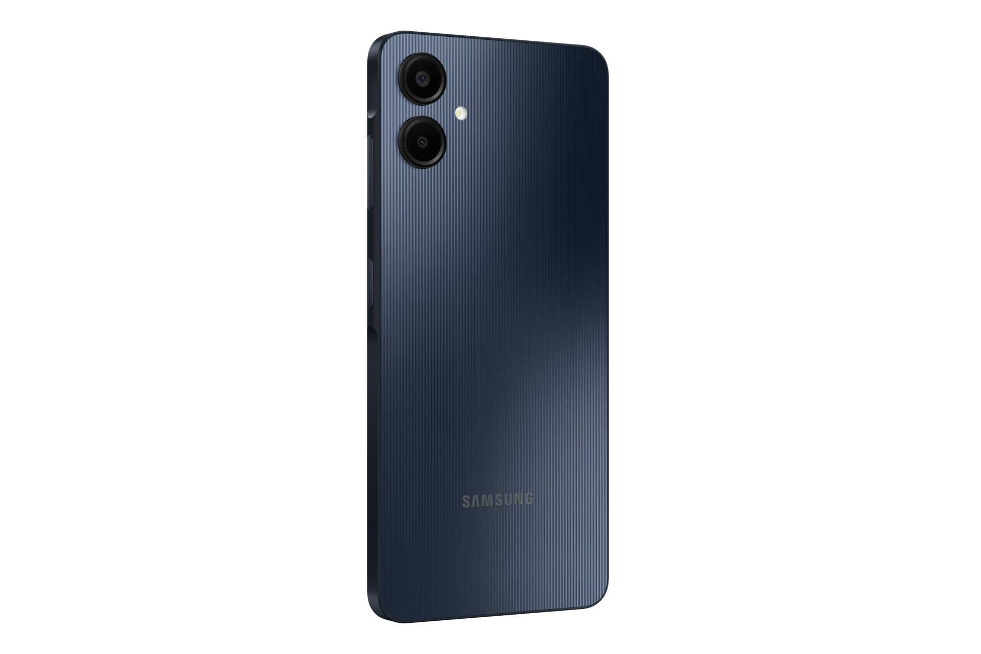 Back left side view of the Galaxy A06 128GB (Blue Black), showcasing its slim profile, rear camera placement, and curved edges.