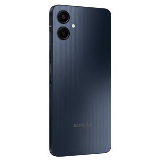 Back left side view of the Galaxy A06 128GB (Blue Black), showcasing its slim profile, rear camera placement, and curved edges.