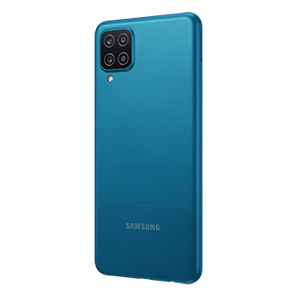 samsung galaxy a12 in blue colour, rear view with camera clutter, quad camera