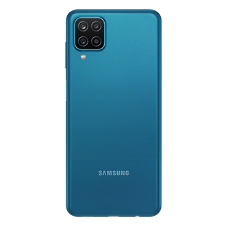 samsung a12 6gb ram + 128gb storage, blue colour rear view with quad camera.