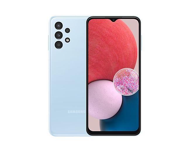 Explore specs, price, promo, offers, and buy Samsung A13 6GB RAM 128GB Storage Light Blue with discounts at Samsung Philippines. Two Galaxy A13 devices in Blue, one shows its front, the other shows its rear