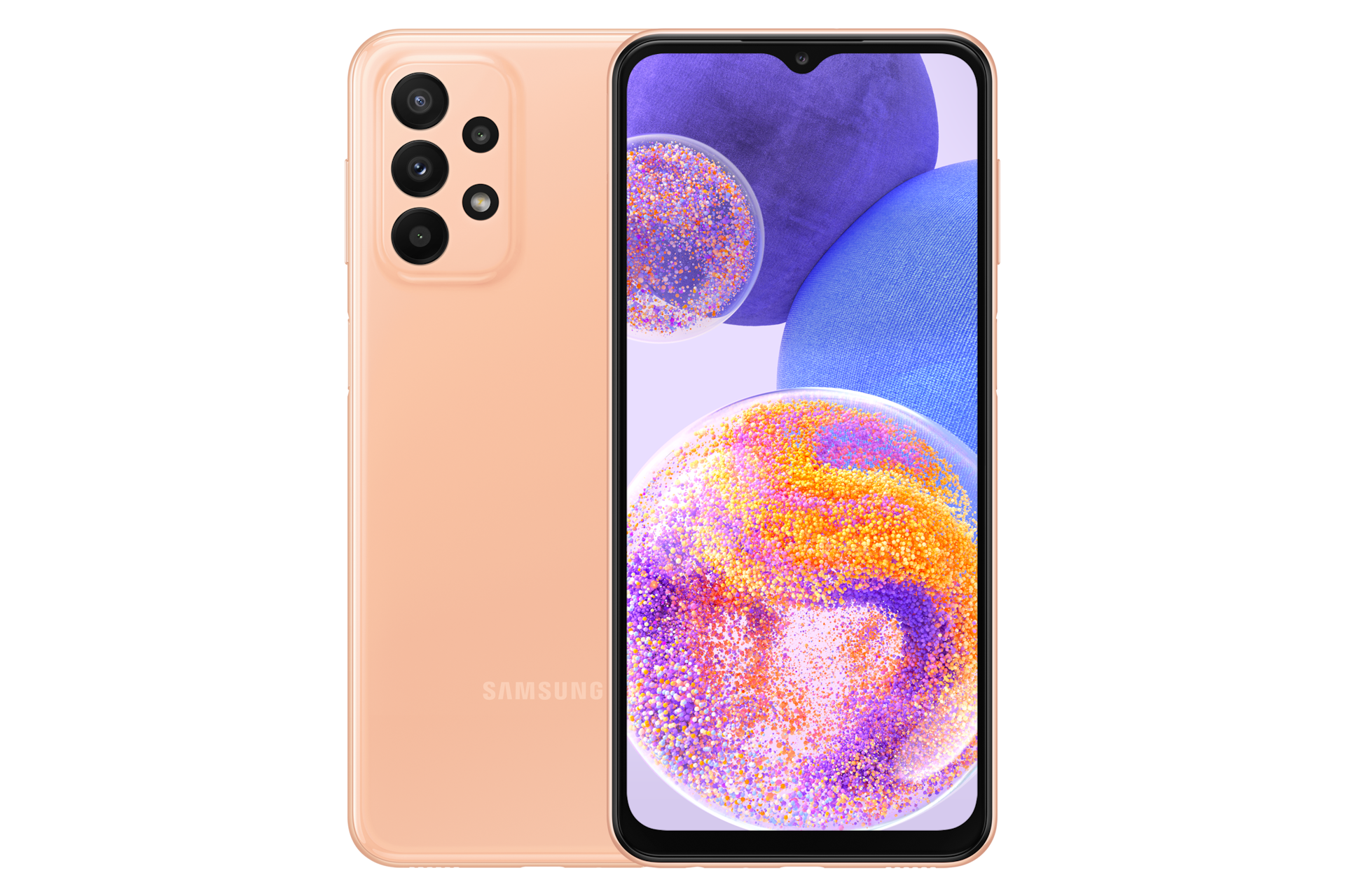 Buy Samsung Galaxy A23 with offers and see Galaxy A23 price, specs, promo, and discounts at Samsung Official Store in the Philippines. Two Galaxy A23 devices in Awesome Peach, one shows the front, the other one shows the rear