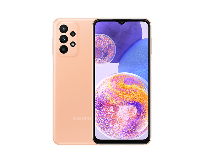 Buy Samsung Galaxy A23 with offers and see Galaxy A23 price, specs, promo, and discounts at Samsung Official Store in the Philippines. Two Galaxy A23 devices in Awesome Peach, one shows the front, the other one shows the rear