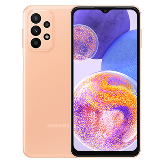Buy Samsung Galaxy A23 with offers and see Galaxy A23 price, specs, promo, and discounts at Samsung Official Store in the Philippines. Two Galaxy A23 devices in Awesome Peach, one shows the front, the other one shows the rear