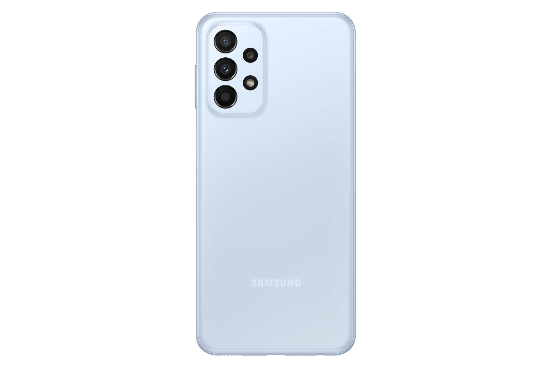 Back of the Samsung Galaxy A23 in Awesome Light Blue