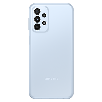Back of the Samsung Galaxy A23 in Awesome Light Blue