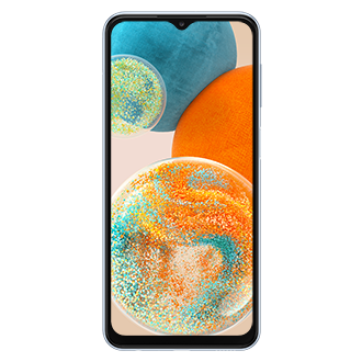 Front of the Samsung Galaxy A23 5G in Awesome Light Blue