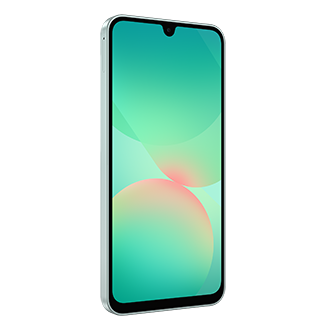 A front left view of a mint Samsung Galaxy A26 5G smartphone