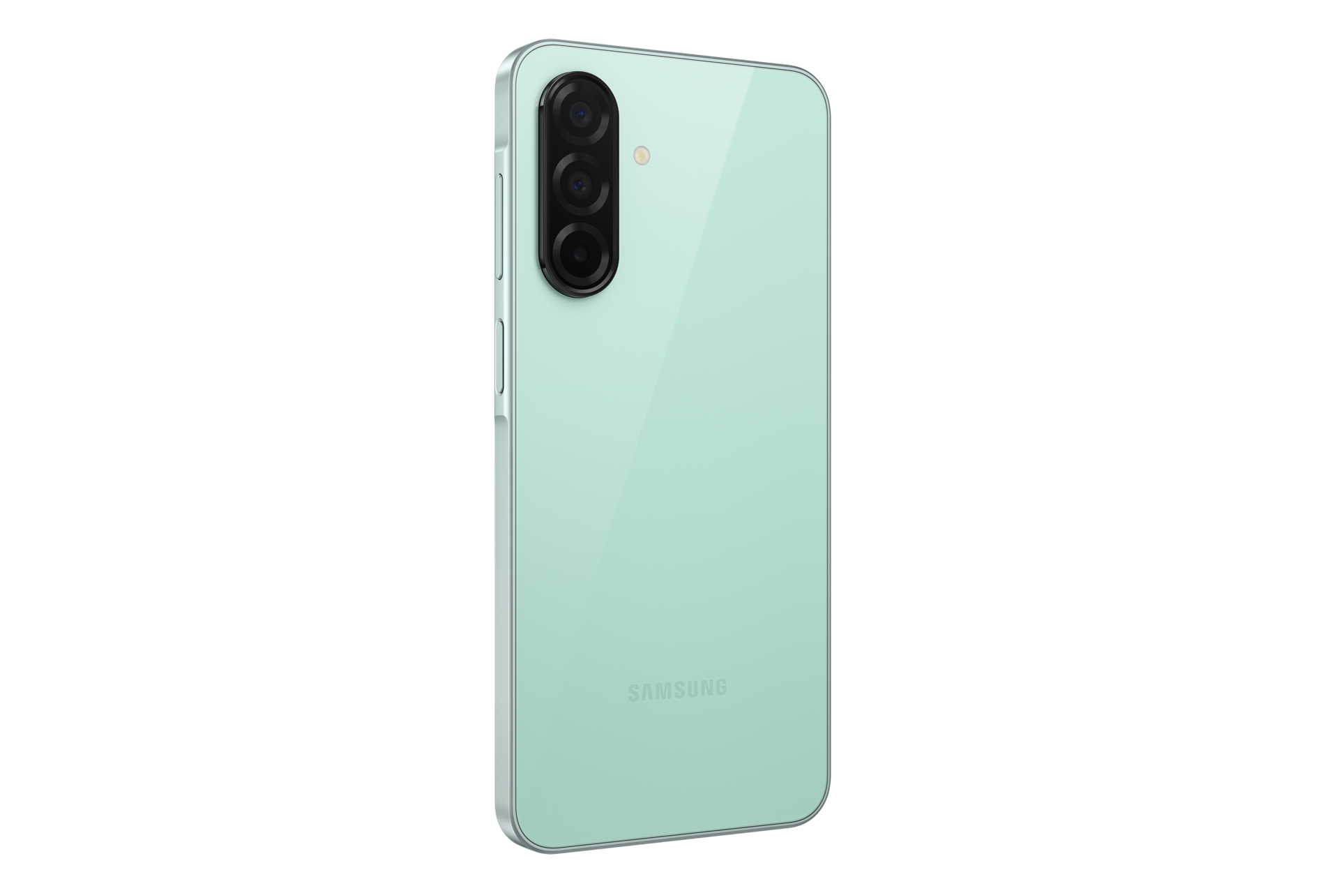 A back left view of a mint Samsung Galaxy A26 5G smartphone