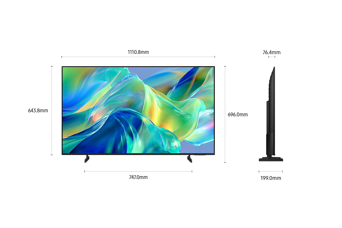 Dimension of Samsung Mini LED M1EH screen only (1110.8 x 643.8 x 76.4 mm). Height with Black Basic feet Stand (696 mm). Dimension of Black Basic feet Stand. (747 x 199 mm).