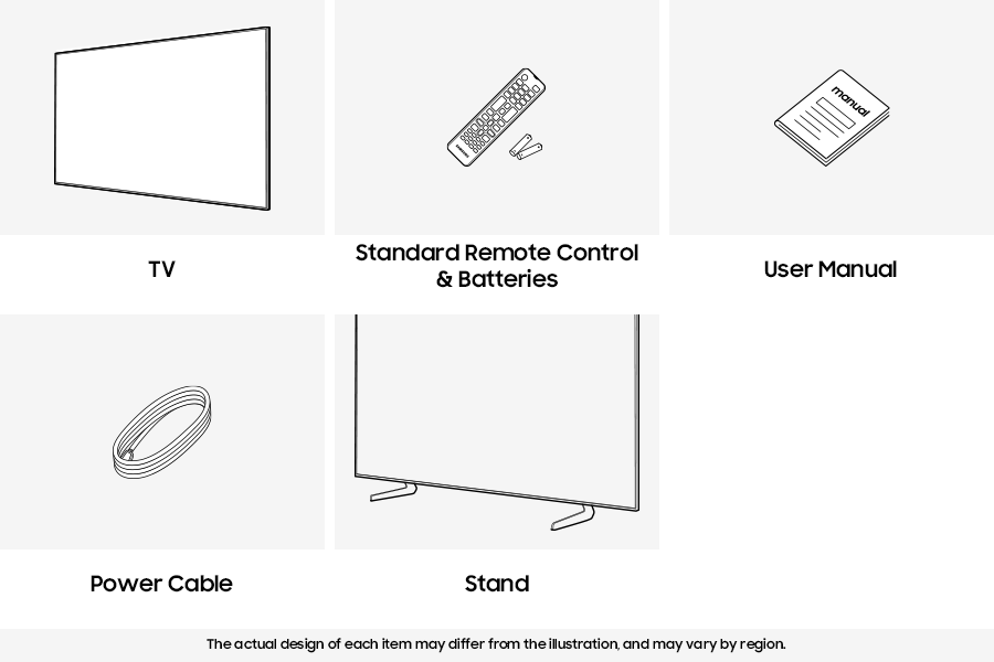 Samsung 2026 Mini LED M1EH box contains TV, Remote Control, Power Cable, User manual, and Stand.