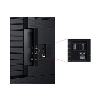 Samsung 2026 Mini LED M1EH has USB, HDMI, LAN, antenna ports and etc. on the side.