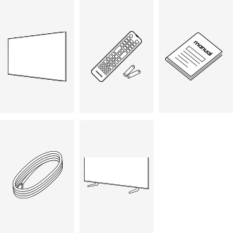 Samsung 2026 Mini LED M1EH box contains TV, Remote Control, Power Cable, User manual, and Stand.