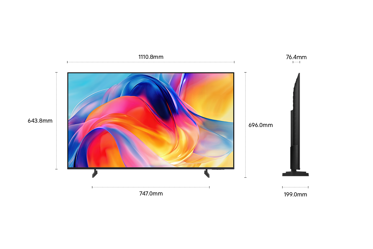 Dimension of Samsung Mini LED M70H screen only (1110.8 x 643.8 x 76.4 mm). Height with TitanGray Basic feet Stand (696 mm). Dimension of TitanGray Basic feet Stand. (747 x 199 mm).