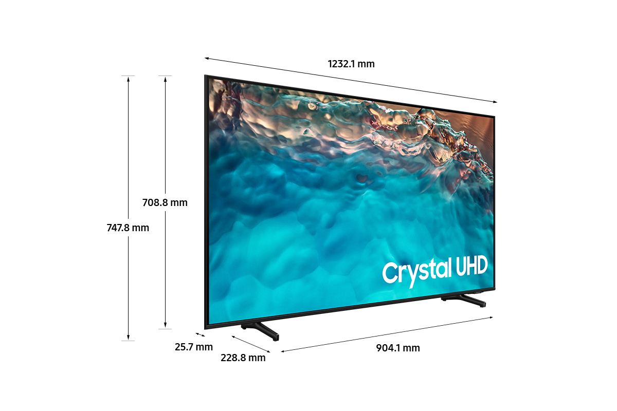 Dimension of Samsung Crystal UHD TV(1232.1 x 747.8 x 228.8 mm) BU8000 with black feet stand