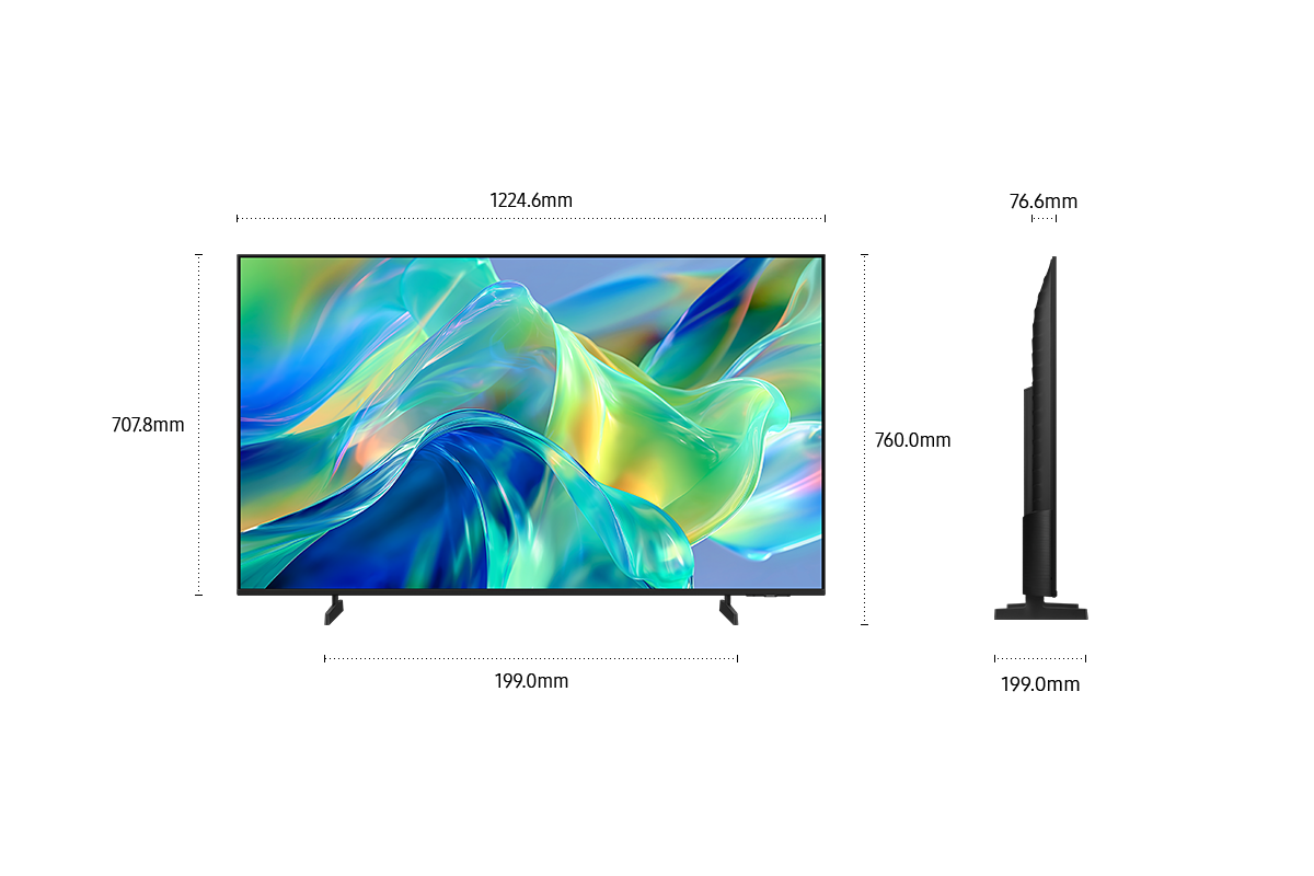 Dimension of Samsung Mini LED M1EH screen only (1224.6 x 707.8 x 76.6 mm). Height with Black Basic feet Stand (760 mm). Dimension of Black Basic feet Stand. (812.6 x 199 mm).