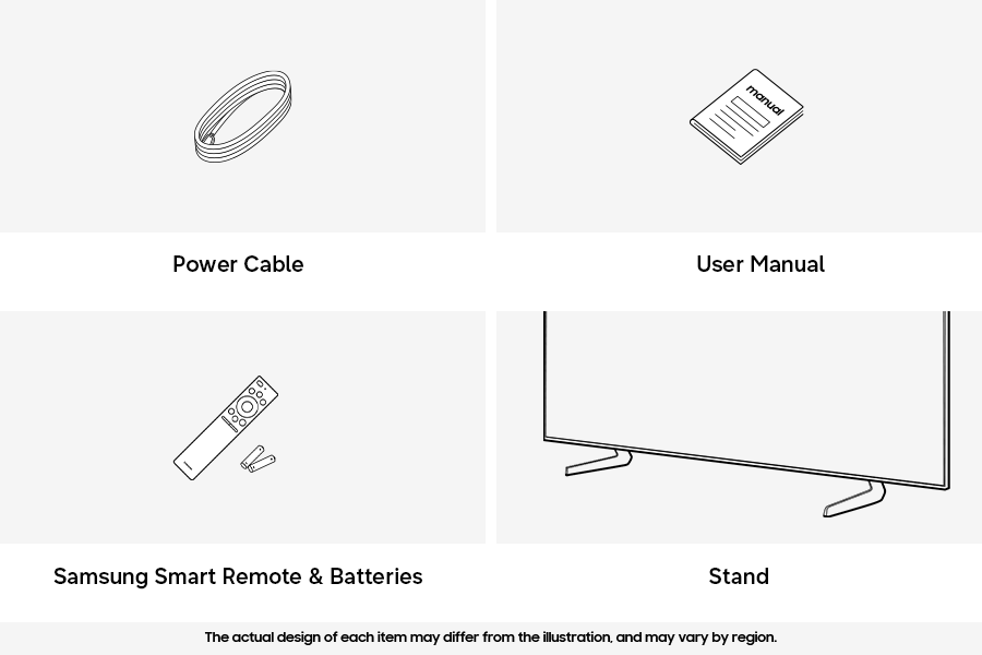 Samsung 2026 Mini LED M70H box contains Power Cable, User Manual, Samsung Smart Remote & Batteries, and Stand.