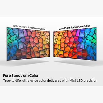 Two TVs are shown side by side. The TV labeled “Without Pure Spectrum Color” appears muted and desaturated, while the TV labeled “With Pure Spectrum Color” displays the same mosaic image with richer, more vibrant colors and enhanced contrast.
