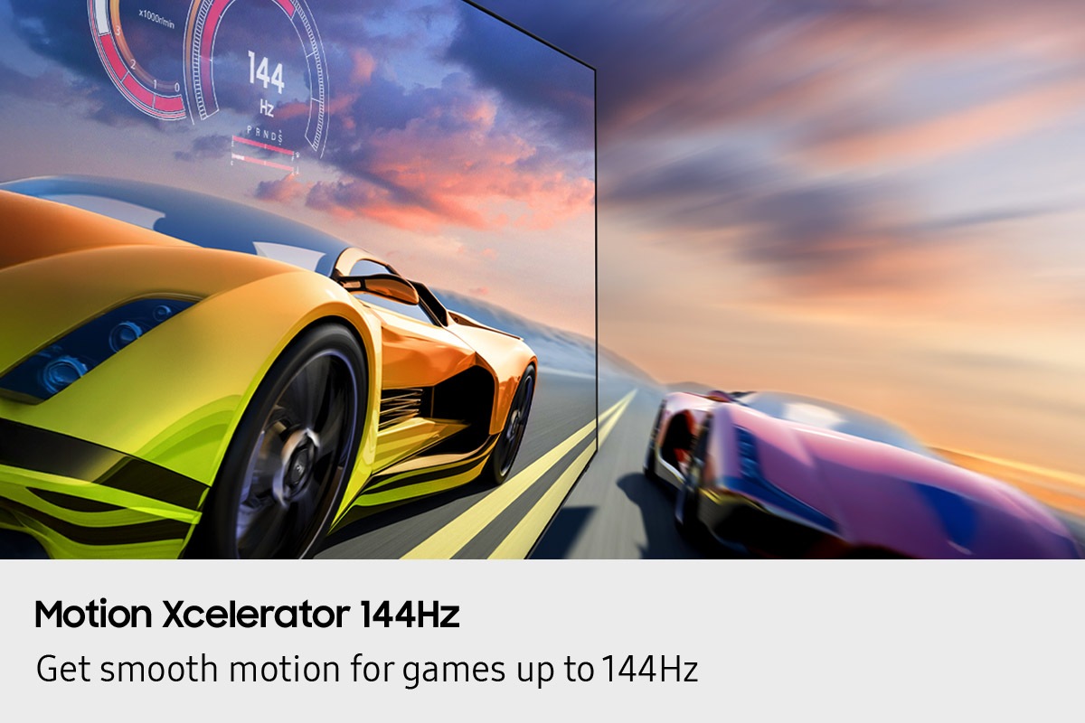 2 race cars are racing on a track. 1 looks clearer than the other and is going faster. 144Hz is on display.