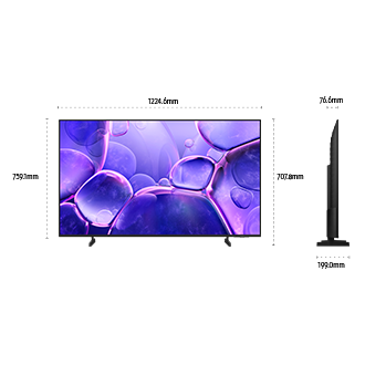 Dimension of Samsung Crystal UHD U8000F screen only (1224.6 x 707.8 x 76.6 mm). Height with Black Basic feet Stand (759.1 mm). Dimension of Black Basic feet Stand. (812.6 x 199 mm).