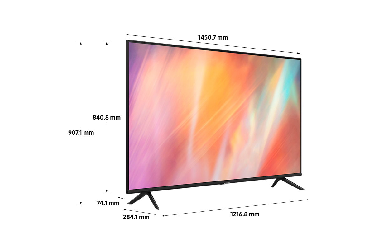Dimension of Samsung UHD TV(1450.7 x 907.1 x 284.1 mm) AU7000 with black feet stand