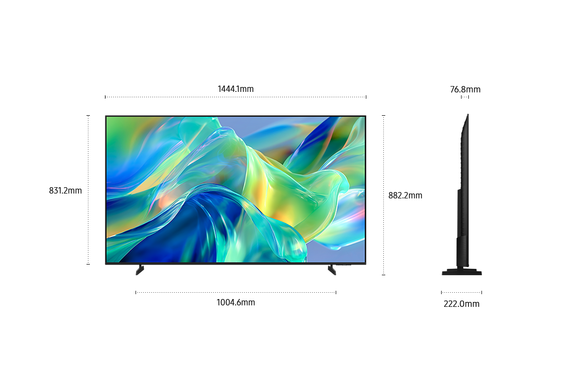 Dimension of Samsung Mini LED M1EH screen only (1444.1 x 831.2 x 76.8 mm). Height with Black Basic feet Stand (882.2 mm). Dimension of Black Basic feet Stand. (1004.6 x 222 mm).