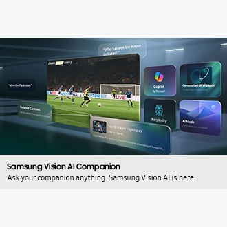 Samsung TV playing football scene. Around it, examples of what Vision AI Companion can do including icons for Copilot by Microsoft, Generative Wallpaper, Perplexity and AI Mode, user questions, and suggestions for Related Content and Top 10 Player Highlights.