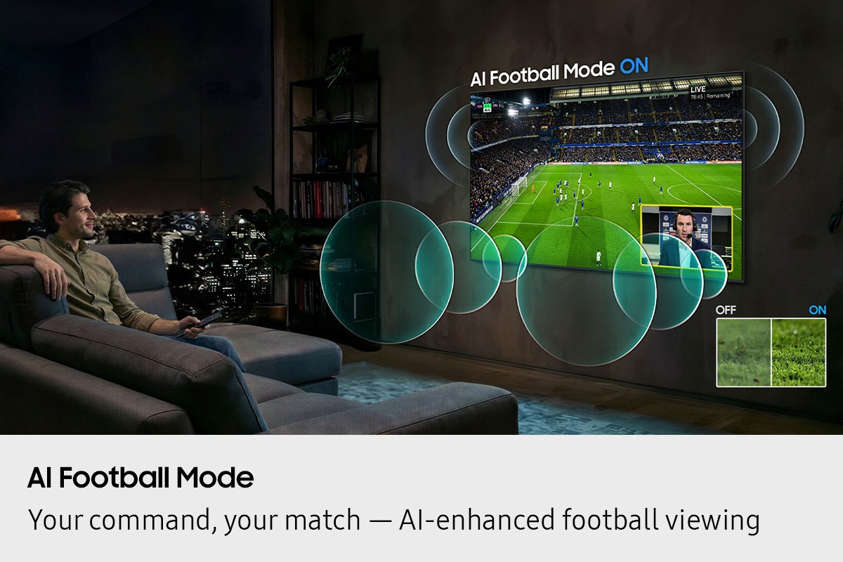 Man watches football on Samsung TV at night. Soundwaves emanate from TV's side and front. AI Football Mode turns on, soundwaves show balanced crowd and commentator sound, and the field looks more crisp and vibrant than when it's off.