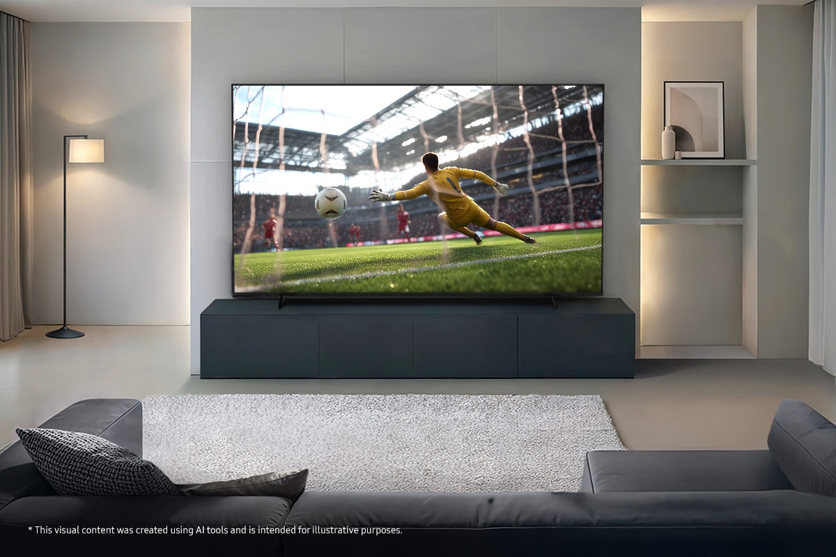 A thrilling soccer match on a Samsung Mini LED TV in a cozy living room, enjoying bright highlights and clear motion.