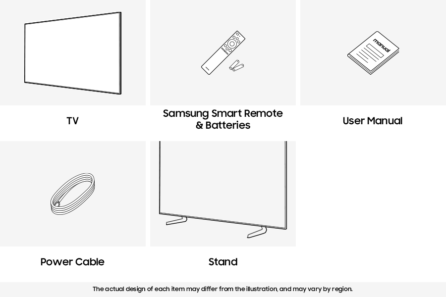 Samsung 2026 Mini LED M80H box contains TV, Remote Control, Power Cable, User manual, and Stand.