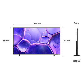 Dimension of Samsung Crystal UHD U8000F screen only (1444.1 x 831.2 x 76.8mm). Height with Black Basic feet Stand (831.2 mm). Dimension of Black Basic feet Stand. (1004.6 x 222 mm).