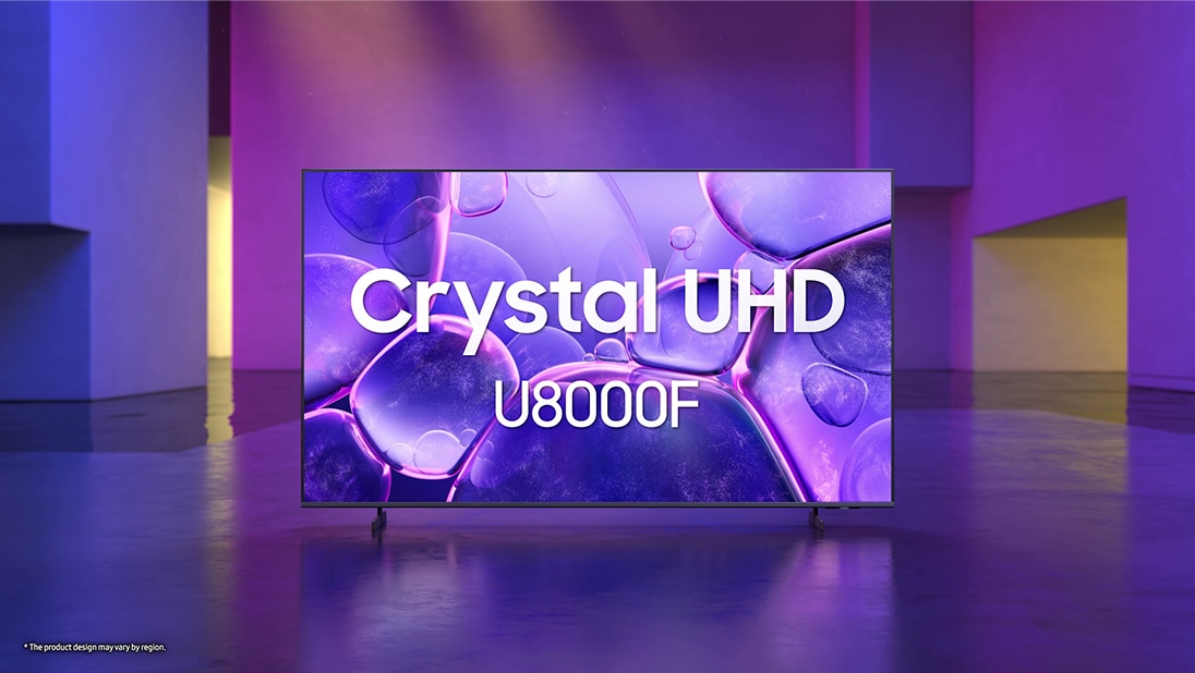Samsung Crystal UHD U8000F TV in a purple indoor space displays an abstract scene of purple bubbles. 