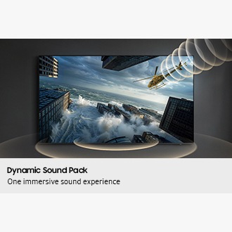 A Samsung TV displays a helicopter flying across the screen, while visual sound waves follow its movement, illustrating the Object Tracking Sound feature that directs audio to match on-screen motion.