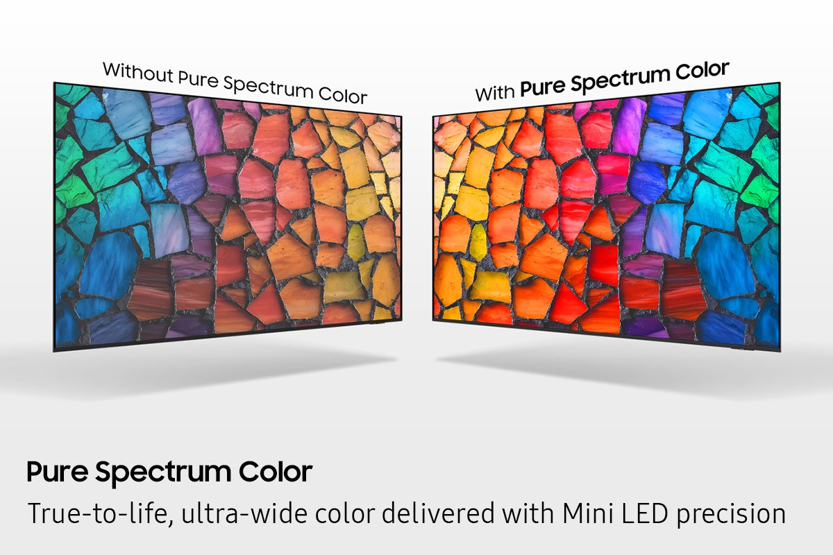 Two TVs are shown side by side. The TV labeled “Without Pure Spectrum Color” appears muted and desaturated, while the TV labeled “With Pure Spectrum Color” displays the same mosaic image with richer, more vibrant colors and enhanced contrast.