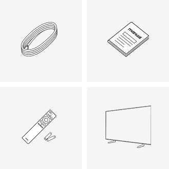 Samsung 2026 Mini LED M70H box contains Power Cable, User Manual, Samsung Smart Remote & Batteries, and Stand.