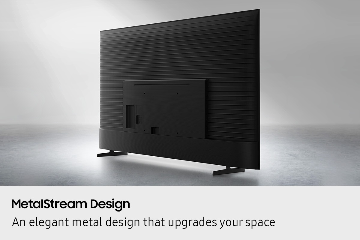 The back view of a TV with MetalStream Design. It features a black finish metal body with a ridged pattern.