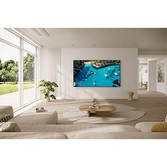 Crystal UHD DU9000 in the living room is displaying a picture with many yachts floating on a beach.