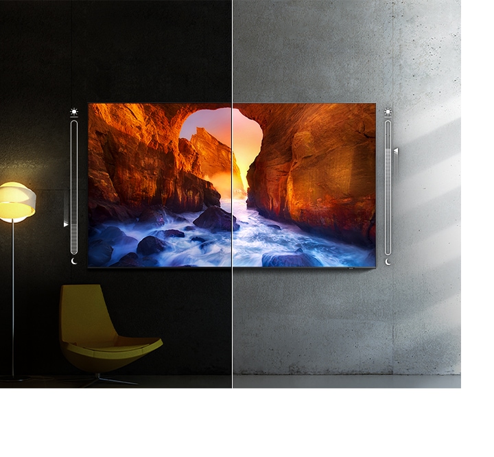 TV quality in dark space and TV quality in bright space are compared in the same space. The screen is automatically adjusted to be darker in dark space and brighter in bright space.